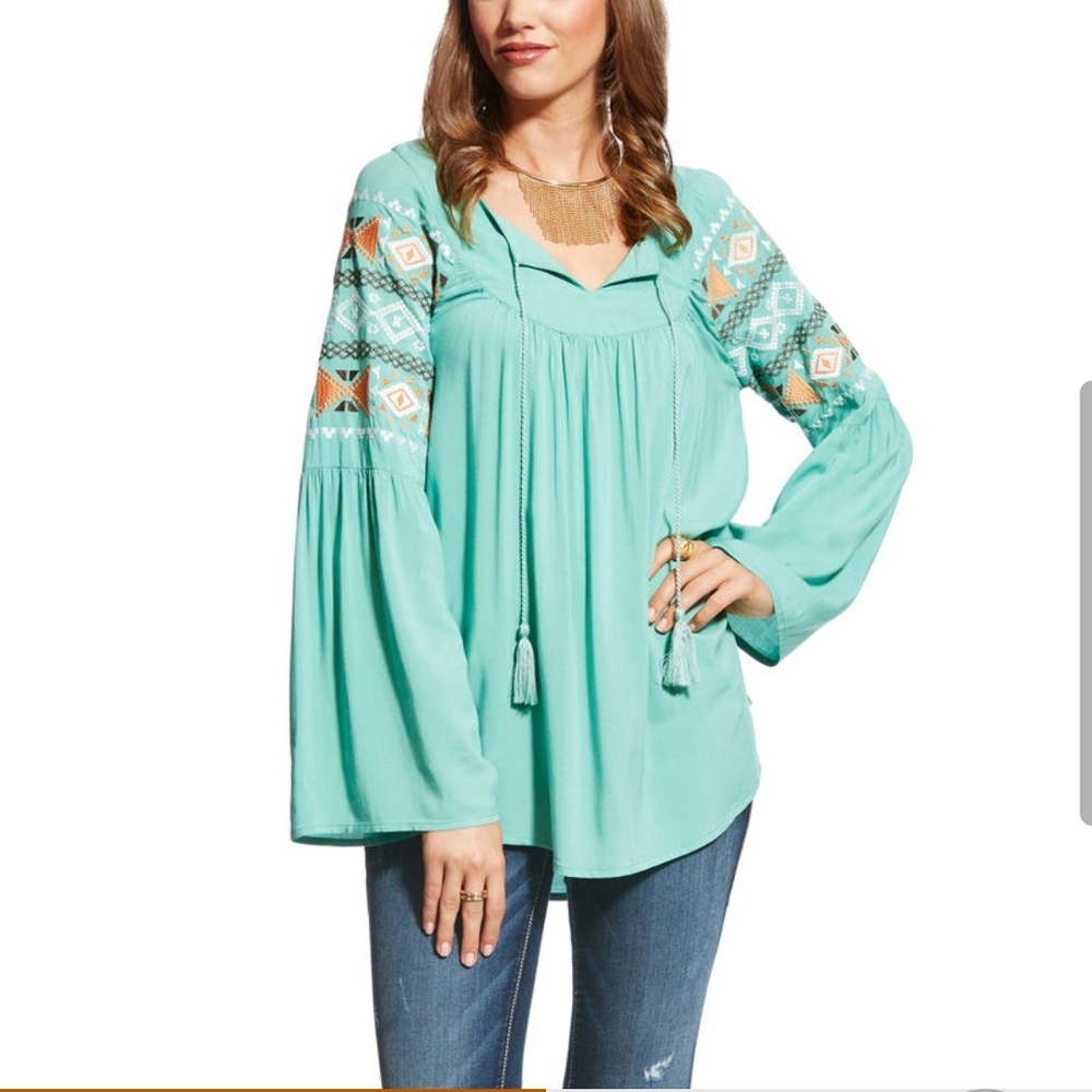 XXL Size Ariat Women's Teal Embroidered Peasant Top Bohemian Western Shirt